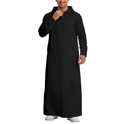 Kaftan for Men Muslim Long Sleeve Hooded Big and Tall Kaftan Casual Lightweight Arabic Hoodie Robe with Pockets