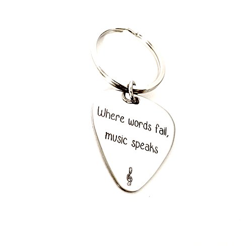 Where words fail , music speaks - Guitar Pick Keychain - Handstamped Custom Key chain - Personalized Valentine's Day Gift