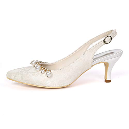 Women's Lace Wedding Shoes for Bride Low Heel Pointed Toe Bridal Shoes with Pearl Slingback Evening Party Pumps Sandals3