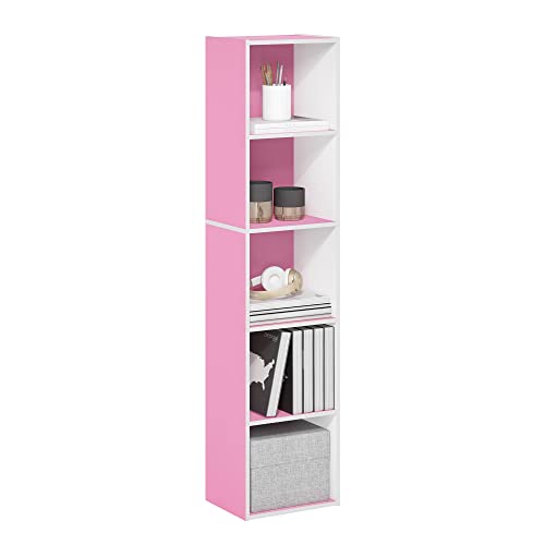 Image of Furinno PASIR Book Shelf, 5-Tier Modern Bookshelf, Open Shelves Bookcase 9 x 12 x 52, Easy Assembly, for Living Room, Bedroom, Home Office, Pink /White