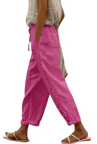 CHARTOU Cargo Pants Women Linen Pants Capri Trousers Elastic Waist Lace Beach Lounge Pants Slacks with Pockets