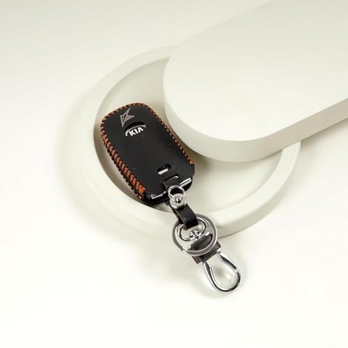 Image of Leather Smart Car Key Cover Case with Metal Hook Keychain for Kia Seltos, Sonet, Carens (Black)