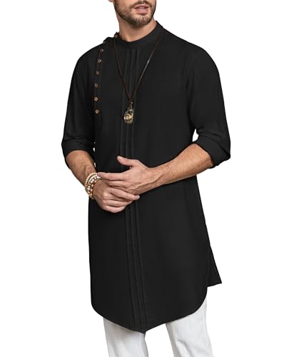 Gafeng Mens Kaftan Thobe Long Sleeve Robe Gown Casual Cotton Linen Button Muslim Shirt3