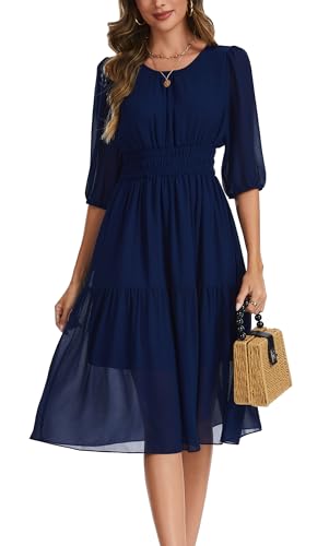 Image of Kormei Women Casual Boho Floral Round Neck 3 /4 Sleeve Smocked Waist Tiered A Line Flowy Swing Midi Dress Long Dresses