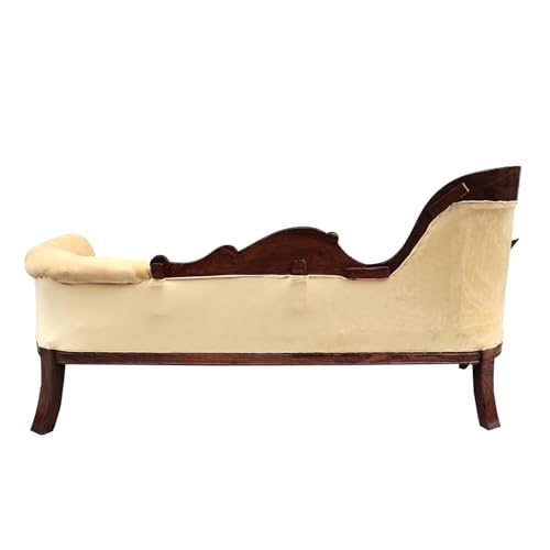 Image of Victorian Style Chaise Lounge, Tufted Cream Upholstery, Mahogany Wood Frame, Classic Living Room Furniture (diwan Seater of 3)