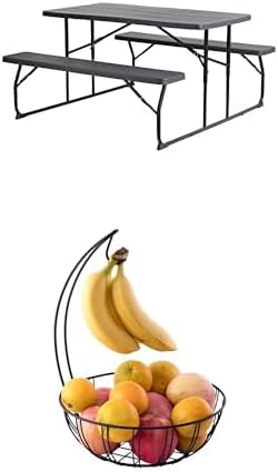 Gardenised Bundle of Gray Outdoor Foldable Woodgrain Portable Picnic Table Set, 5 Feet Long + Basicwise Wire Metal Fruit Basket Holder, Kitchen Counter Top Fruit Bowl with Banana Hanger, Black