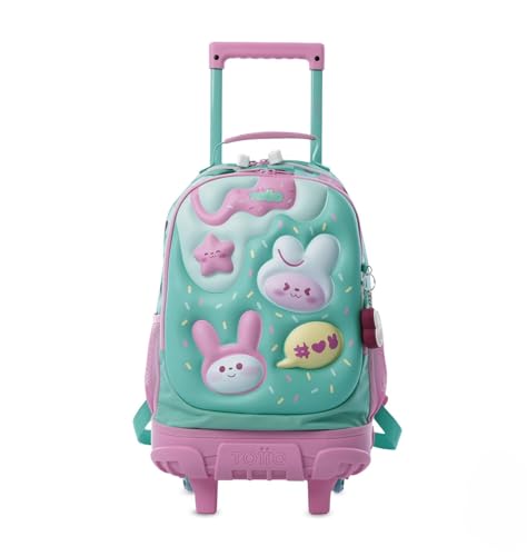 TOTTO - Mochila Escolar con Ruedas, Modelo Bunny Pump M, Mochila Mediana, Capacidad 23 L, Bolsillos Botella, Organizador Interno, Protección en la Base, Correas Ajustables, Estampado Azul y Rosa