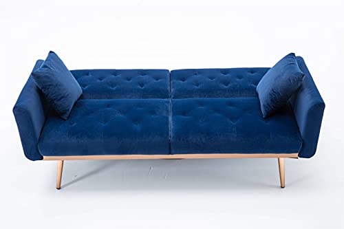 63.7" Navy Blue Velvet Couch, Tufted Loveseat Sofa, Convertible Futon Sofa Bed, Accent Sofa Recliner, Golden Metal Legs, 2 Couch Pillows, Mid Century Modern Sofas For Home Living Room Bedroom #TOP1