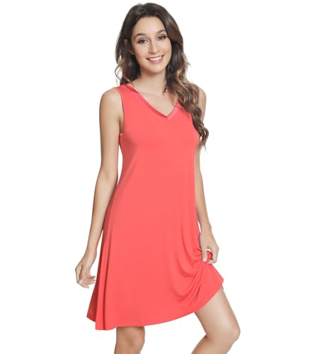 Image of NACHILA Nightgowns for Women-Viscose Made from Bamboo V Neck Nightshirts | Sleeveless Sleep Dress,Satin Sleepshirts,Anti-pilling nightshirt,Moisture-wicking Sleepwear for night sweats,Cooling,OEKOTAX
