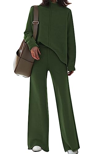 HUUSA Winter Two Piece Sweater Sets for Women Oversized Wide Legs Pants Turtleneck Long Sleeve Split...