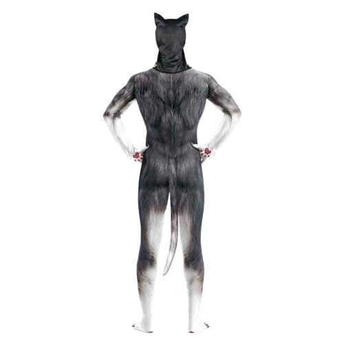 Image of Men's Animal Bodysuit Costume with Big Tail Print Petsuit Spandex Furry Jumpsuit Cosplay Halloween Party
