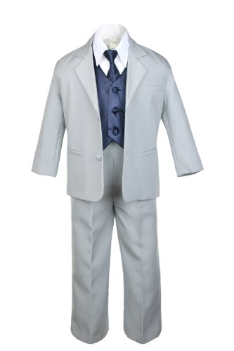 Unotux 7pc Boys Silver Suit with Satin Navy Vest Set from Baby to Teen (L:(12-18 Months))