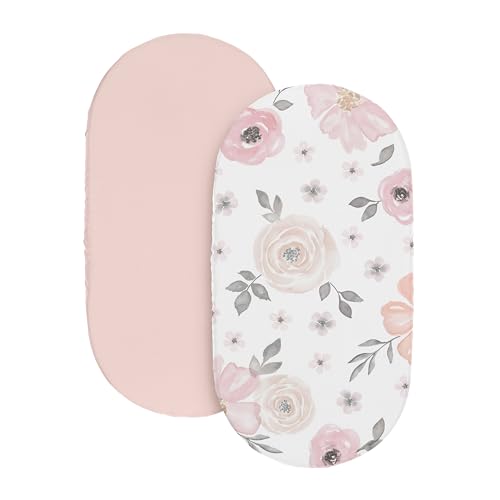 Image of Sweet Jojo Designs 2-Piece Baby Bassinet Sheets Set (Pink /Grey Boho Floral) for Girls, Infant Nursery, Newborn Room - Oval Rectangle Hourglass Mattress (Solid Color, Bohemian, Farmhouse, Chic, Flower)