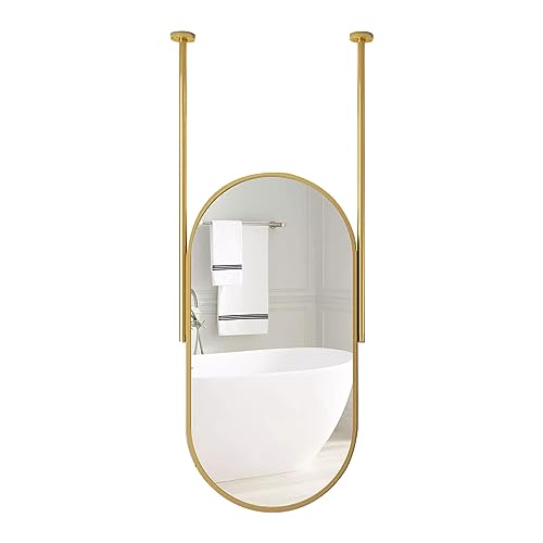 Espejo ovalado con marco dorado - Espejo de baño flotante grande - Espejo de maquillaje de tocador de pared para sala de estar y dormitorio - Espejo colgante de techo con brazo de metal (tamaño: 50 c