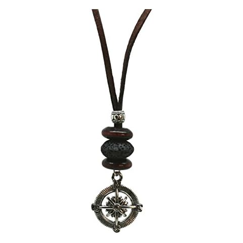 Destination Oils "Compass" Boys/Mens Essential Oil Lava Stone Diffuser Necklace- Brown Leather- 18-20" Cover