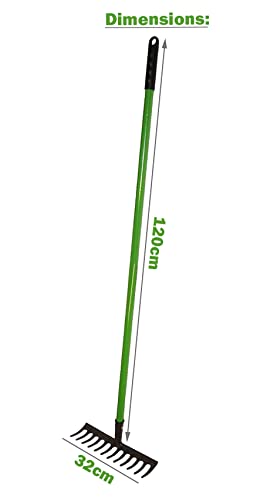 rightclick Garden Rake Heavy Duty 12 Teeth Carbon Steel Rake For Gardening With Tubular Steel Handle, Soft Grip Ideal For Gravelling, Mulching, Loosening, Levelling Soil (32 x 120cm)
