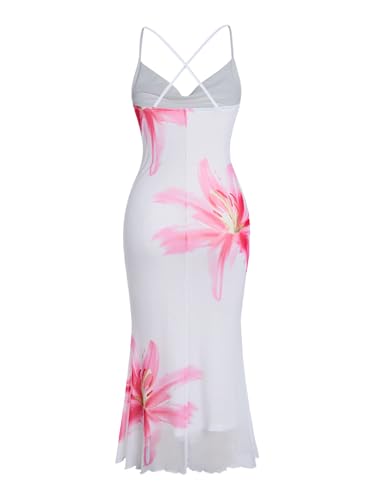 Image of SOLY HUX Women's Floral Mesh Bodycon Cami Dress Cowl Neck Sleeveless Cocktail Party Wedding Guest Long Maxi Dresses