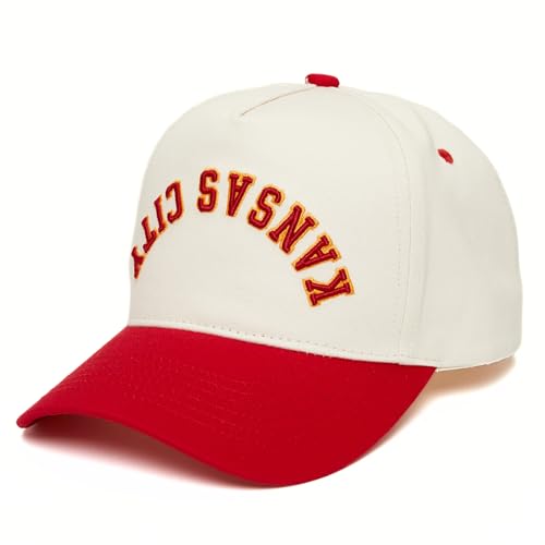 Funky Junque Retro Kansas City Hat Baseball Cap with Upside Down Arched Embroidery Unisex Adjustable Snapback for Football Tailgating Game Day - Kansas City (Red/Beige)