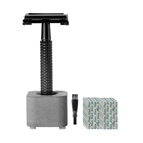 TTO Double Edge Safety Razor Long Handle with Razor Stand and 10 Blades + Mini Cleaning Brush Manual Wet Shaving Gift Set