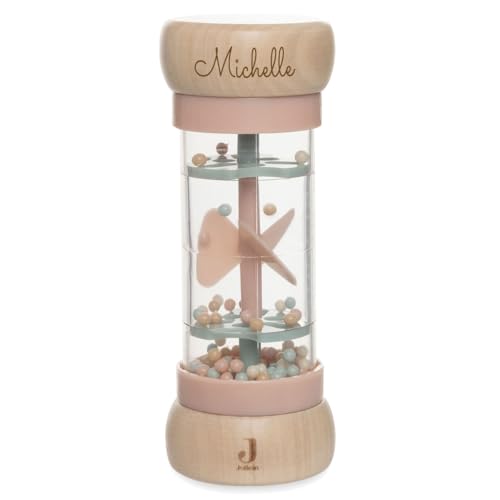 Regenmacher Rassel Baby aus Holz personalisierbar mit Name graviert Greifring für Baby Geschenk zur Geburt (Rosa)