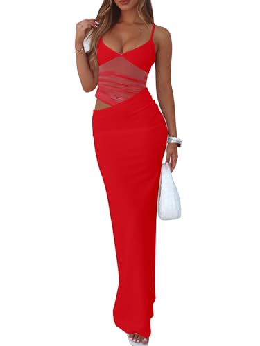 BORIFLORS Women's Sexy Bodycon V Neck Spaghetti Strap Maxi Dress Elegant Backless Cocktail Evening Party Long Formal Dresses, Small, Red