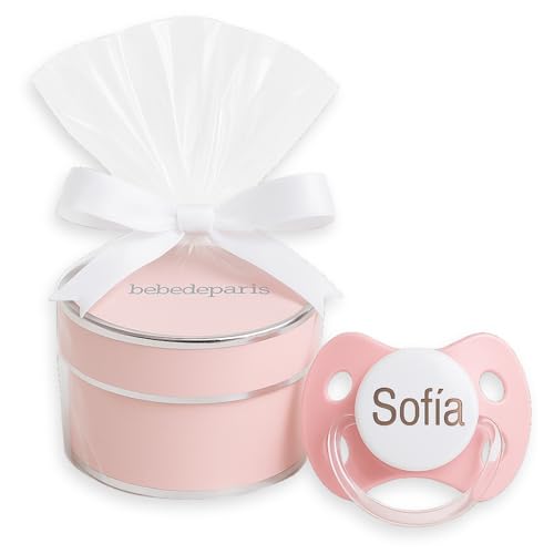BebeDeParis | Chupete Personalizado 0-6 Meses con Nombre, Regalo Bebé Recién Nacido Original, Tetina de Silicona Sin BPA, Suave, Cómodo y Seguro, Presentado en Caja Regalo de Lujo (Rosa)