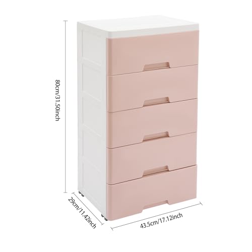 Tall Dresser Organizer, 5 Drawers Storage Cabinet Plastic Drawers Dresser Closet Drawers Tall Storage Tower for Closet, Dorm, Dresser Organizer Portable Storage Tools for Bedrooms Kitchens (Pink)
