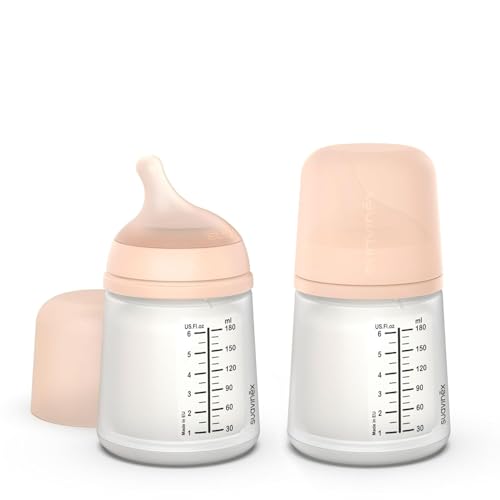 Suavinex, confezione da 2 biberon anticolica Zero Zero, tettarella flusso adattabile (A) in silicone, +0 mesi e neonati, per allattamento al seno, latte materno e latte artificiale, 180 ml, Fair