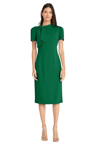 Maggy London Women's Midi Short Sleeve Sheath with Neck Tie Career Office Work Wear, Formal Garden