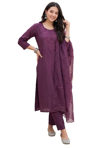 Image of INDO ERA Women's Silk Blend Floral Embroidered Thread Work Kurta & Pant with Dupatta Set