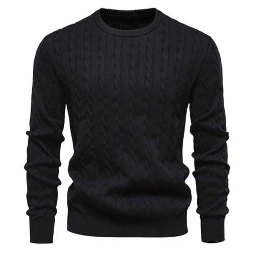 Men's Round Neck Chunky Knit Sweater Slim Fit Long Sleeve Pullover Winter Warm Twist Solid Color Cotton Top