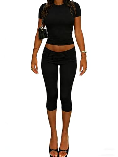ZFLM casual sports womens two-piece set with short sleeves exposed navel high waistfoldable cropped pants sports suit