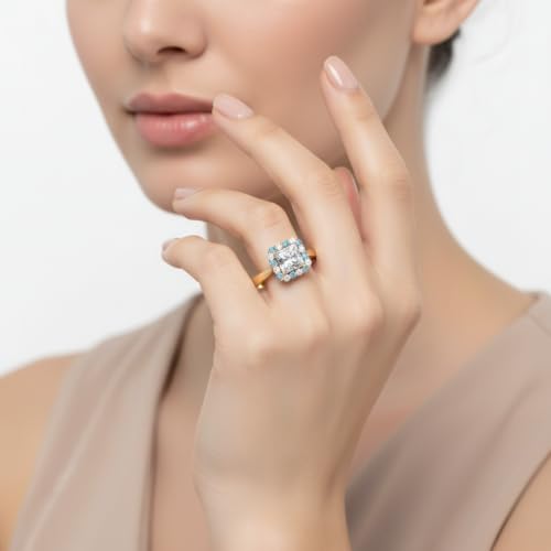 Image of Choose Your Gemstone Floating Halo Diamond CZ Ring Yellow Gold Plated Princess Shape Halo Engagement Rings Everyday Jewelry Wedding Jewelry Handmade Gifts for Wife US Size 4 to 12