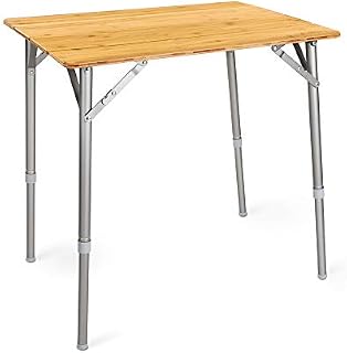 Navaris Wooden Folding Table - Bamboo Height Adjustable, Foldable Camping Table for Outdoors, Picnics with Telescopic Aluminium Legs