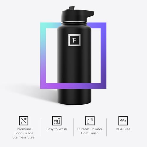 IRON °FLASK Camping & Hiking Hydration Flask with 3 Lids - Stainless Steel, Double Walled & Vacuum Insulated Water Bottle - Leak Proof & BPA Free (Midnight Black, Straw - 32 oz)