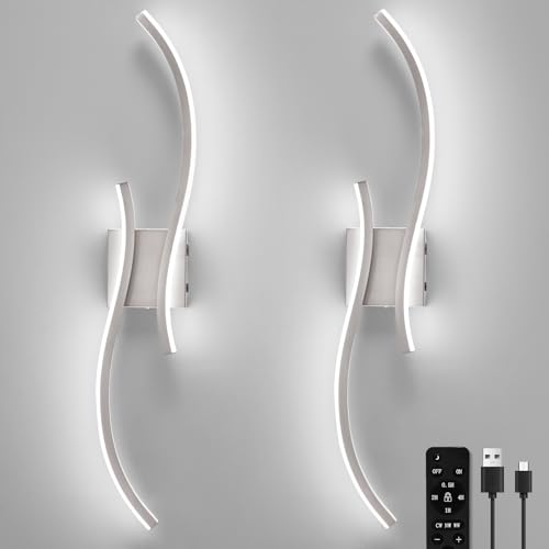 Image of Battery Operated Wall Sconces Set of 2, Rechargeable Dimmable Battery Wall Light with Remote Control, Brushed Nickel LED Wireless Wall Light for Living Room Bedroom Hallway，31.5inch (Brushed Nickel)