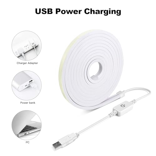 Image of 5V USB LED Neon Lights Strip, White Dimmable Rope Lights, 6.56ft Neon COB LED Strip Light, Flex Waterproof Neon Sign for Indoors Bedroom TV Backlight Cabinets DIY Decor (White)