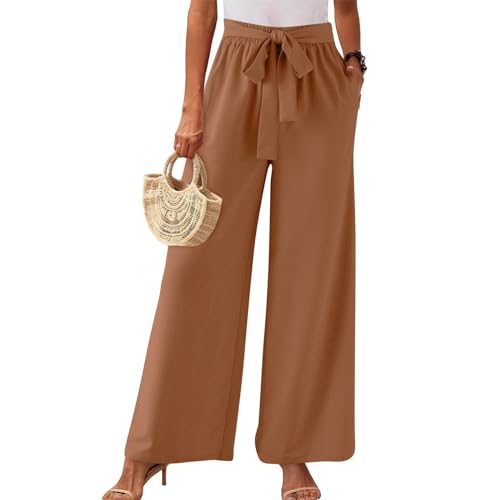 Wide Leg Dress Pants for Women Sumemr Bow Tie High Waisted Palazzo Pants Solid Work Office Trousers with Pocket 20242