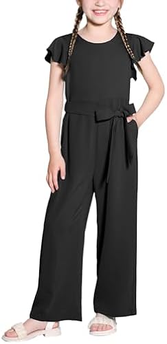 Hvididan Black Rompers for Girls Toddler Jumpsuit Size 10-12 with Pockets Belted One Piece Outfit Wide Leg Ruffle Short Sleeve Kids Pant Suit