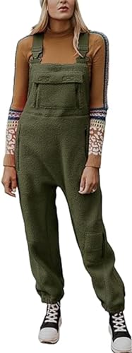 Womens Fleece Warm Overalls Winte Loose Casual Jumpsuits with Pockets (US Alpha Small Regular Regular Green)