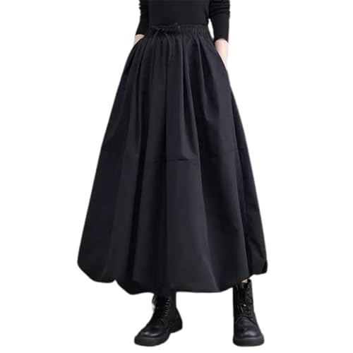 Women Pockets Puff Maxi Skirts Womens Casual Elastic Waist Lace Up High Waist Pleated A-Line Skirt2