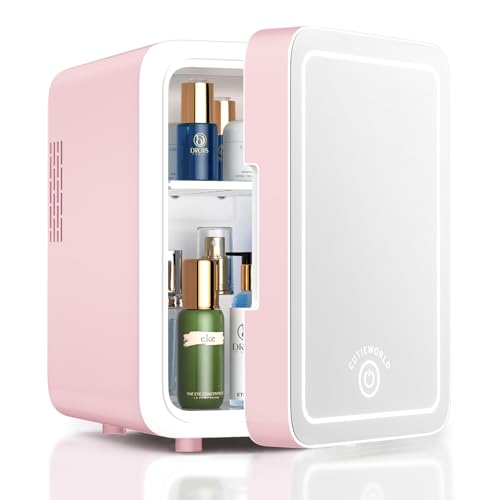 Image of CUTIEWORLD Skincare Fridge with Dimmable LED Light Mirror, 4L Mini Fridge For Desktop, Travel or Cool & Heat, Makeup Fridge for Cosmetics, Skin Care and Food, Pink