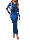 WIHOLL Women's Bodycon Maxi Dress Fall Fashion Long Sleeve Floral Print Tight Fitted Party Club Ruched Dresses Blue Floral S