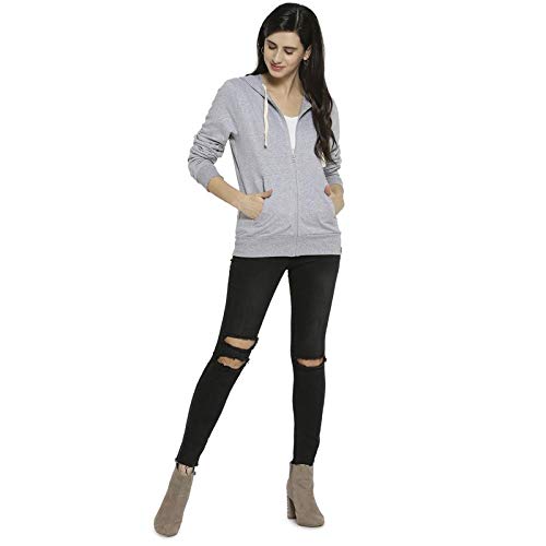 Image of PINACOLADA Women's Grey Zip-Front Horizontal Striped Hoodie for Casual Wear | Hooded Neck | Long Sleeve | Zipper Closure | Cotton Sweatshirt Crafted with Comfort Fit for Everyday Wear