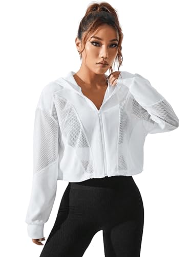 SweatyRocks Women's Activewear Long Sleeve Sheer Mesh Hooded Full Zip Sports Track Jacket