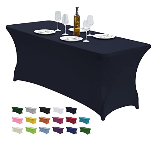 Image of CWK 6FT Waterproof Stretch Spandex Table Cover for Rectangular Tables - Elastic Fitted Tablecloth for Folding Tables,Wrinkle Resistant Table Cloth for Parties, Weddings, Banquets & Events (Navy Blue)