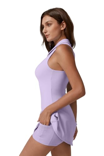 Image of QINSEN Womens Zip Front Tennis Dress Polo Collar Racer Back Workout Golf Dresses Build in Shorts with Pockets