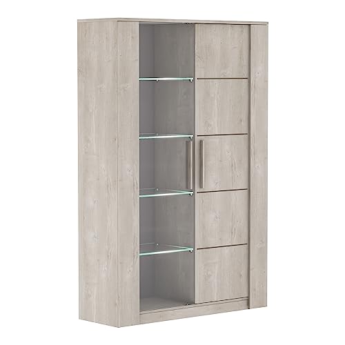 Grande Vitrine En Bois 1 Porte Vitrée & 1 Porte En Bois Avec LED Intégré – Coloris Chêne Champagne – 114x39,6x175,8 cm