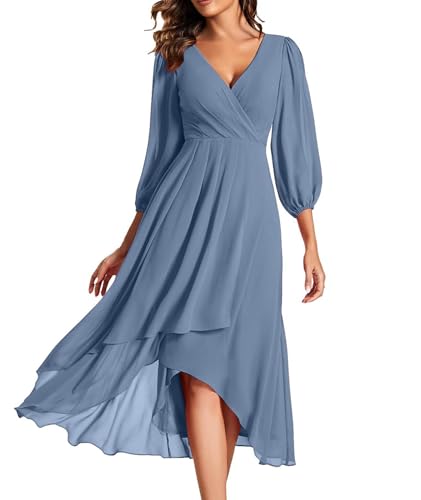 ECDAHICC Women's Casual Chiffon Dress V-Neck High Waisted A-Line Midi Dress 3/4 Sleeve Swing Summer Dress(ST,L) Blue