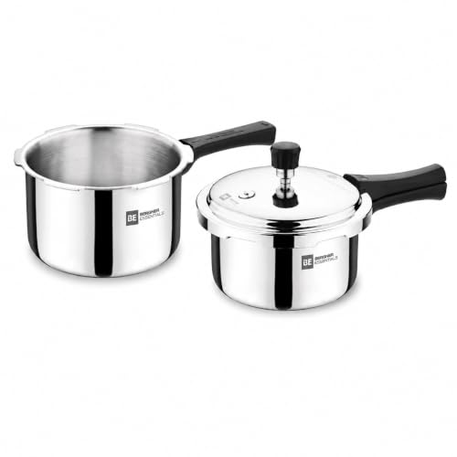 Image of Bergner BE Essentials Triply Pressure Cooker Combo of 2L and 3L Outer Lid Pressure Cooker with a Common Cover, Even and Faster Heating, Healthy Cooking, Sturdy Handle - Induction and Gas Stove Ready
